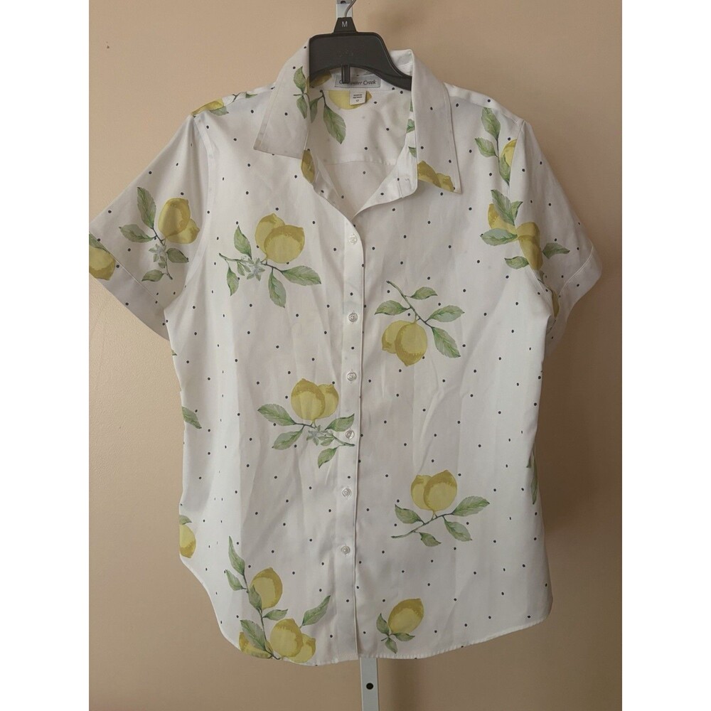 Coldwater Creek Shirt Women 12 Lemon Black Dot Cotton Short Sleeve Shirt Button